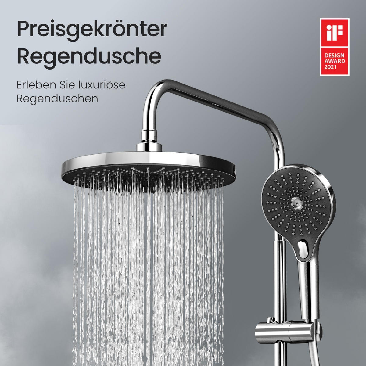 ÜBERKOPFBRAUSESET mit Thermostat Chrom 3 Strahlarten Hohe Konfiguration - Chromfarben, Metall (37.5/110/42cm) - EMKE