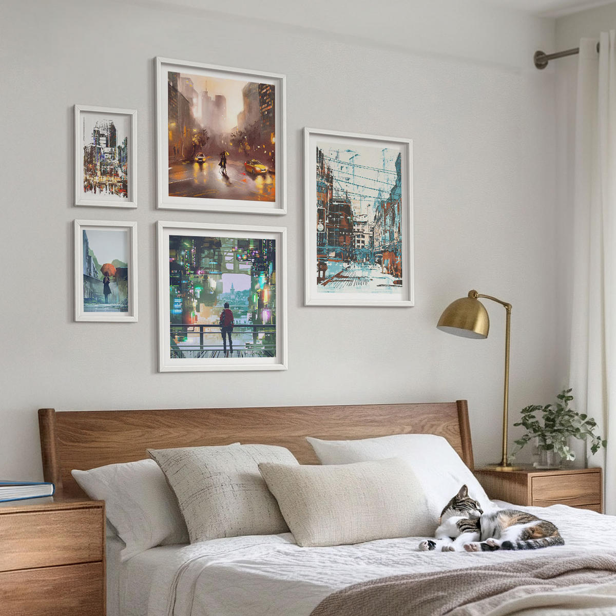 BILDER SET 5er Set - 50x50 cm & 20x30 cm & 40x60 cm Weißer Rahmen - Moderne, farbenfrohe Städte mit Charakteren - Weiß, Kunststoff (40/60cm) - TULUP