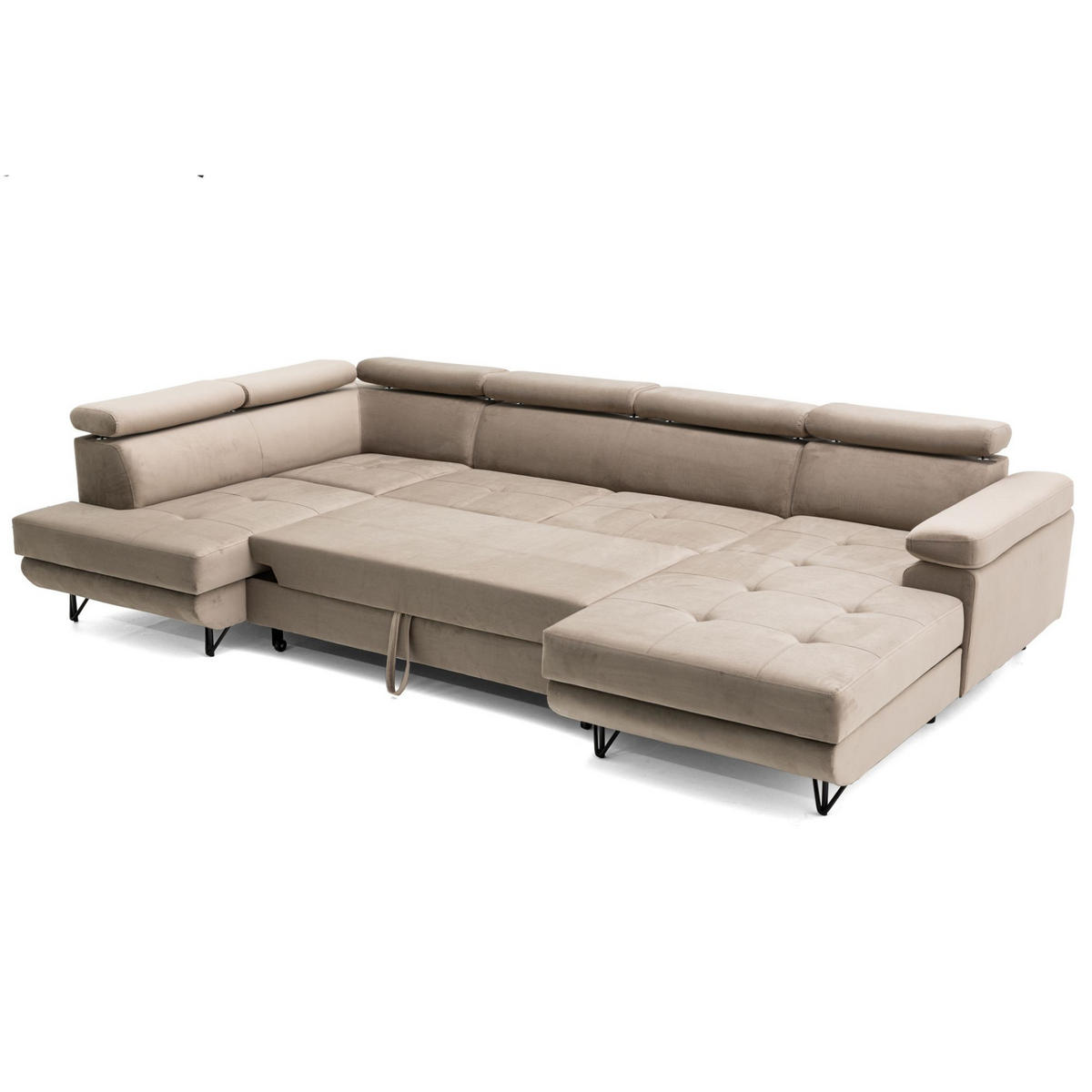 ECKSOFA U-Form JUNIOR U Links mit Schlaffunktion 128x254 Velours Beige - Beige/Schwarz, Holz/Textil (323/90/184cm) - Muffo