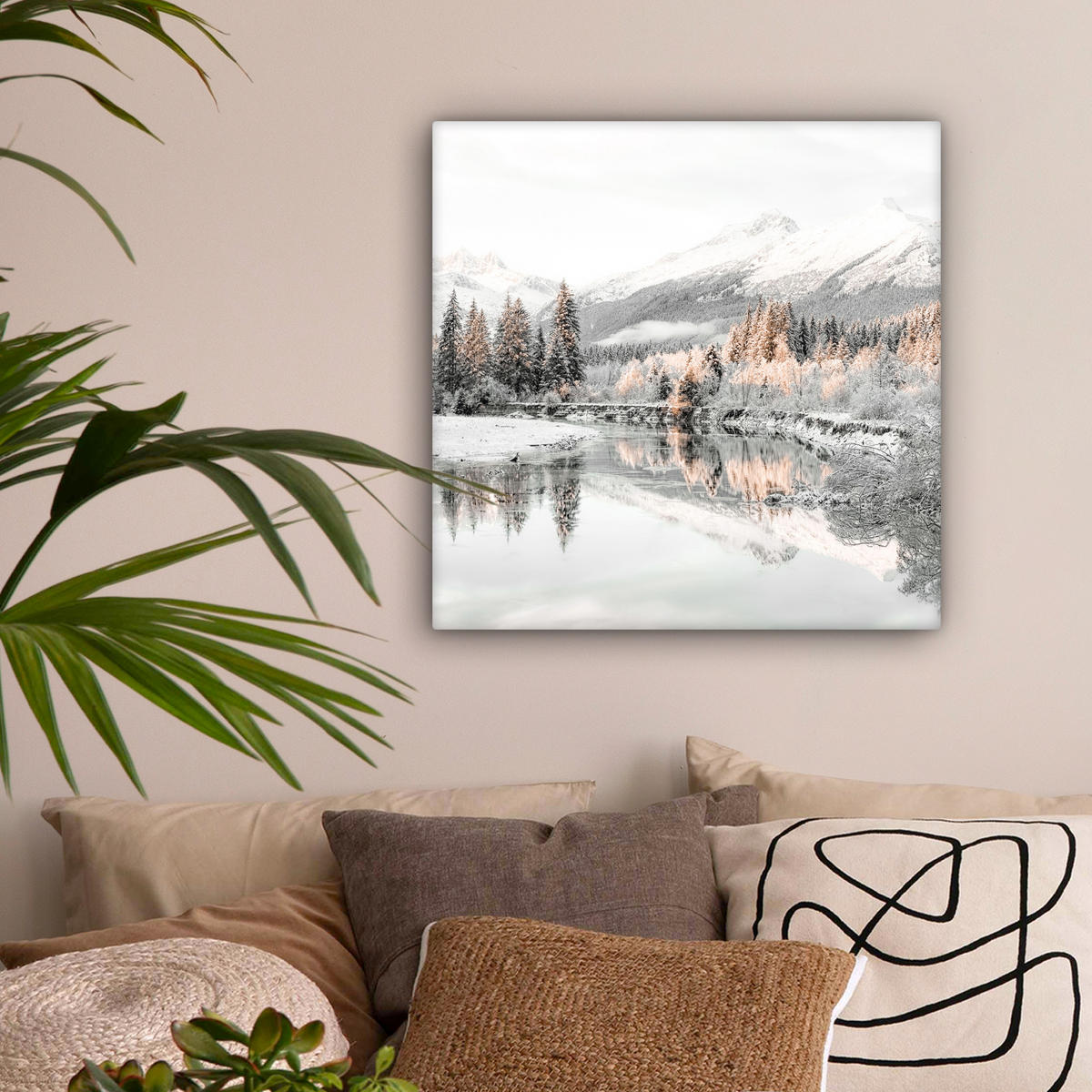 LEINWANDBILD Natur - Winter - Bäume - Berge - Schnee Wandbild Wohnzimmer 50x50 cm - Weiß Hochglanz, Textil (50/50cm) - MuchoWow