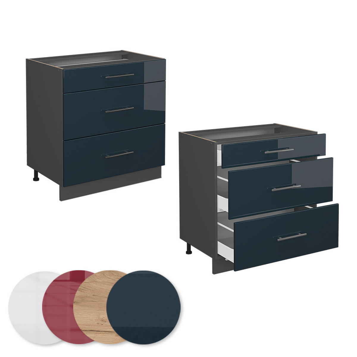 KÜCHENUNTERSCHRANK Fame-Line Dunkelblau Hochglanz 80 cm mit 3 Schubladen ohne AP - Anthrazit/Dunkelblau, Holzwerkstoff (80/82/51.6cm) - Vicco