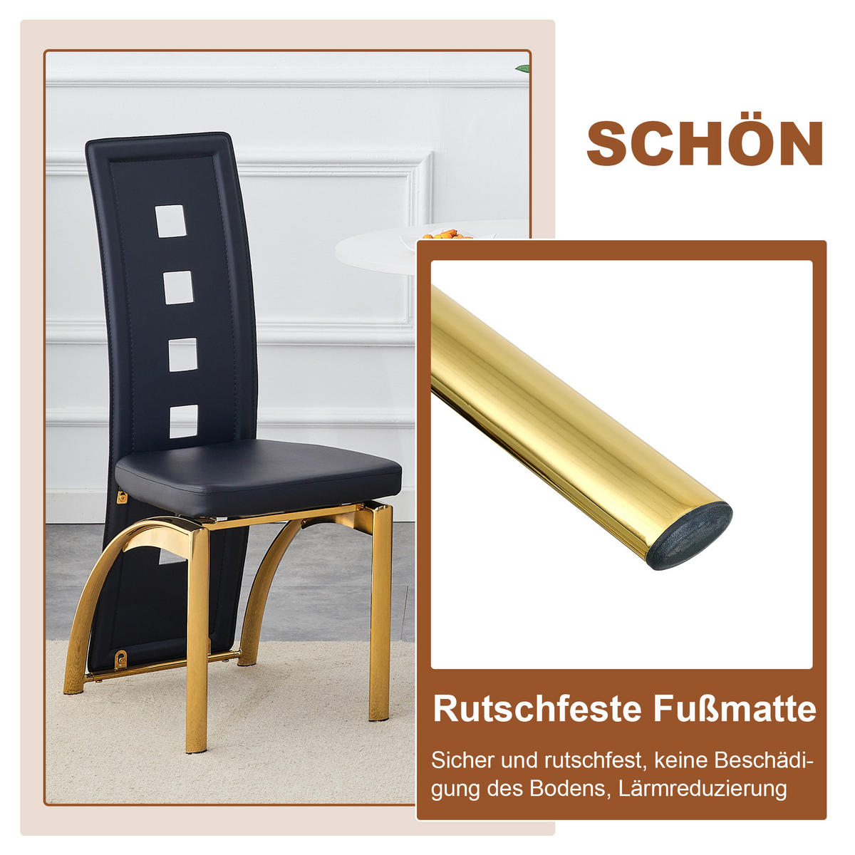ESSGRUPPE DE-39452 5-teilig, Glastisch und 4 Stühlen mit Lochmuster Schwarz/Gold - Goldfarben/Schwarz, Metall (88/75/88cm) - ComfortXL
