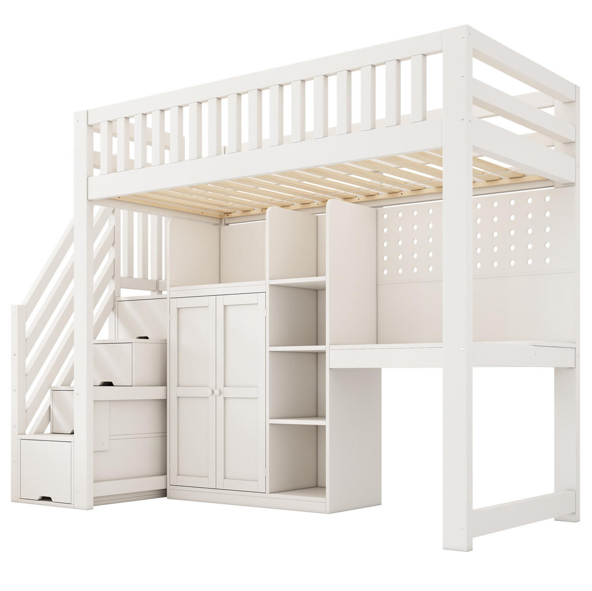 HOCHBETT 90/200 cm Weiß mit Schreibtisch, Kleiderschrank und Stauraum - Weiß, Holz (90/200cm) - MIVRAY