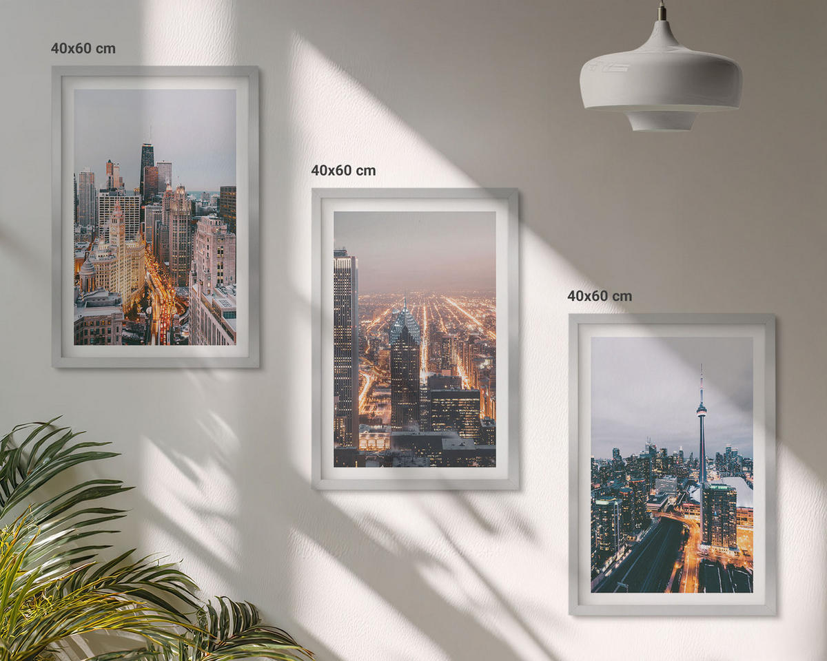 WANDBILDER 3er Set - 40x60 cm Silberner Rahmen - Städte bei Nacht, Wolkenkratzer, Lichter - Silberfarben, Kunststoff (40/60cm) - ArtPrintCave