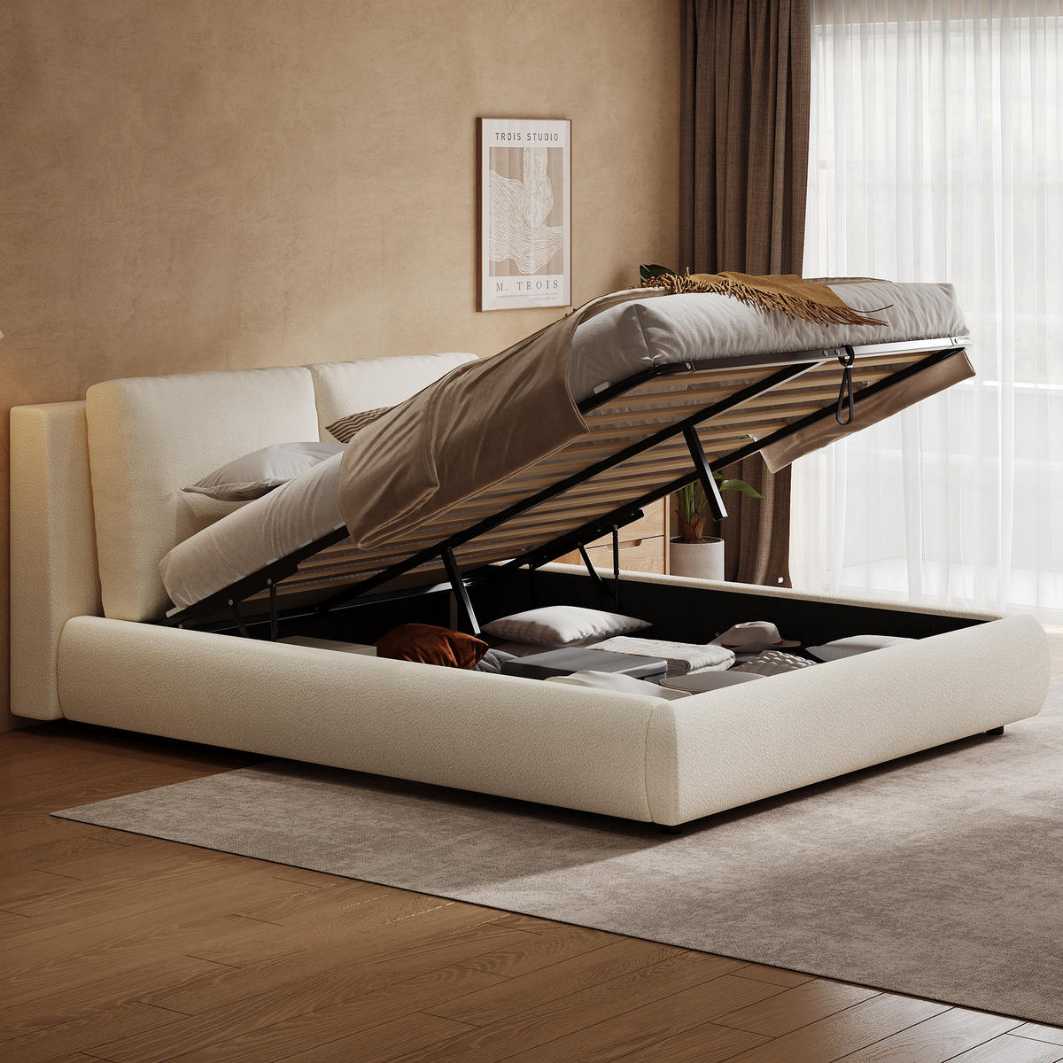 POLSTERBETT 180/200 cm Beige Bouclé mit Stauraum und Lattenrost - Beige, Textil (180/200cm) - OKWISH