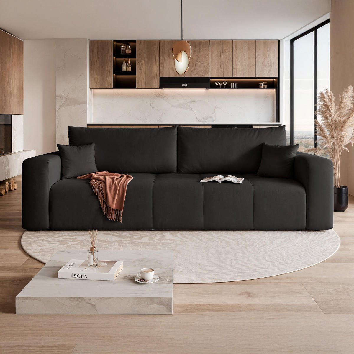 SCHLAFSOFA Velours mit Bettkasten und Schlaffunktion - Schwarz, Holzwerkstoff/Textil (246/79/93cm) - Idohome