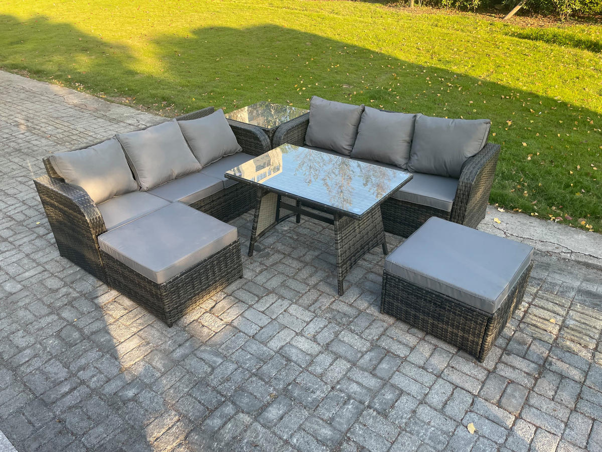 GARTENMÖBELSET mit ESSTISCH,SOFA Polyrattan 9-Sitzer - Dunkelgrau/Grau, Glas/Kunststoff - Fimous