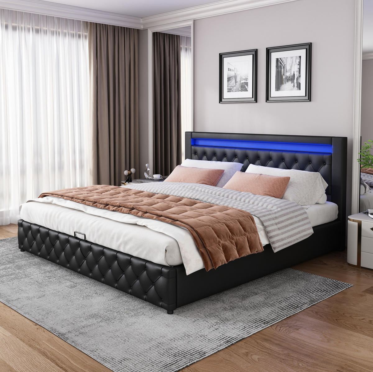 POLSTERBETT mit Bettkasten und LED 160x200 cm PU Schwarz - Schwarz, Metall (160/200cm) - Meubliv
