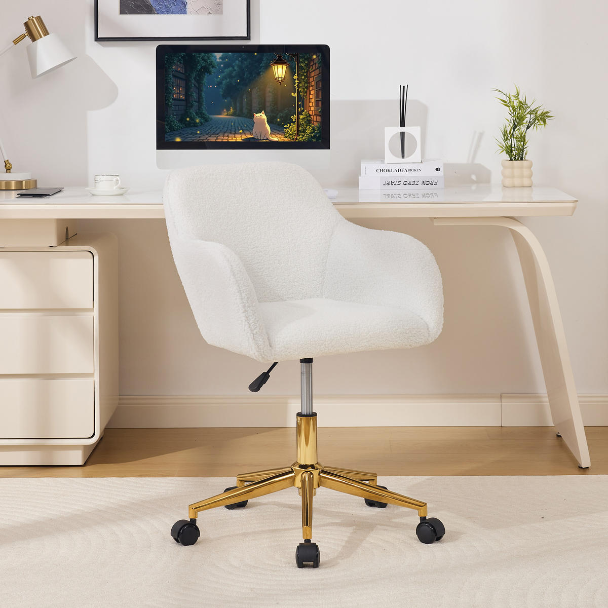 DREHSTUHL DE-40962 mit goldenen Beinen und Teddy-Stoff Weiß - Weiß, Metall (58/86/58cm) - ComfortXL