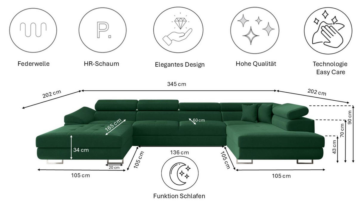 ECKSOFA Falio II U-förmiges Mit Schlaffunktion Und Verstellbaren Kopfstützen Dunkelgrün Rechts - Dunkelgrün, Holz/Textil (345/202cm) - Kaiser Möbel