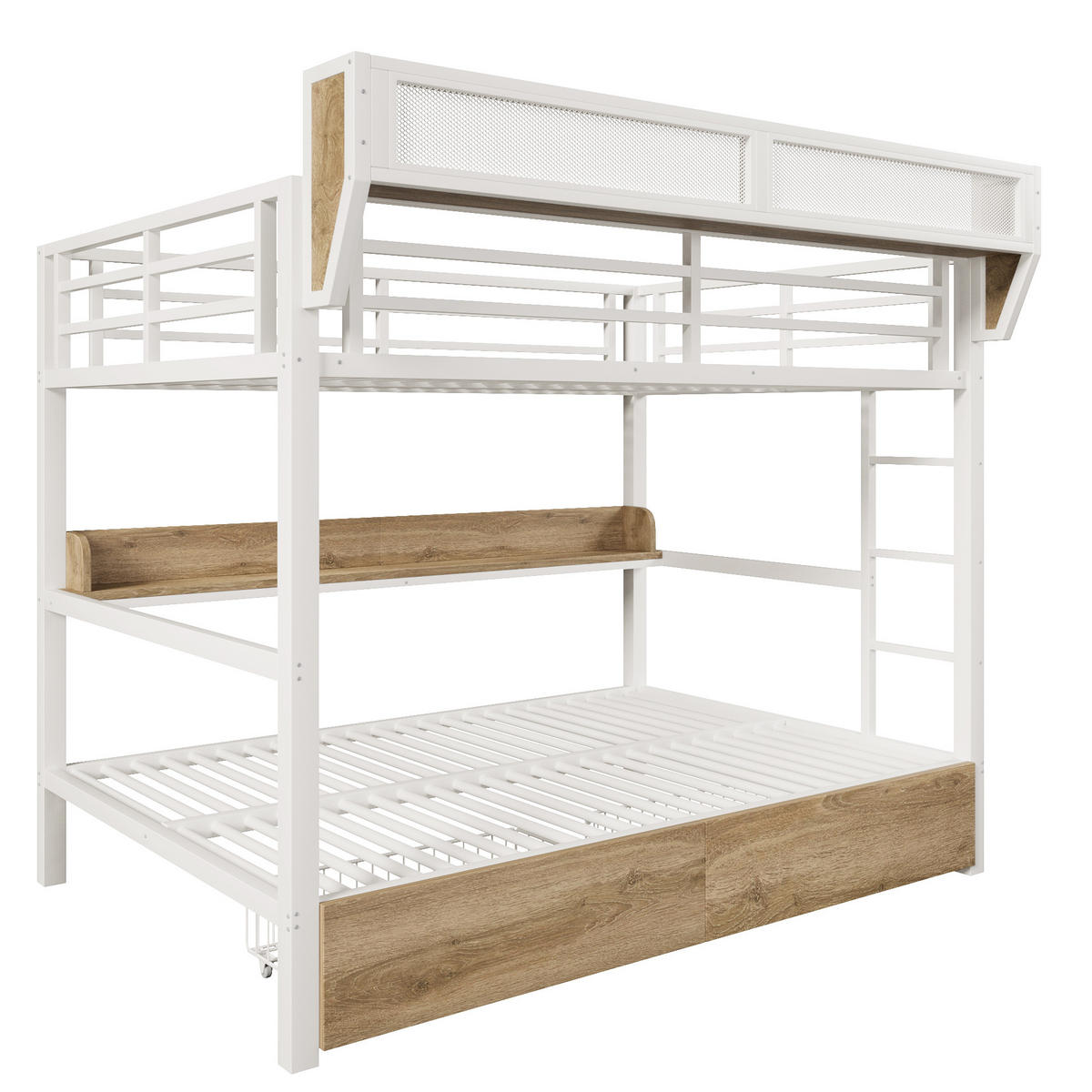 ETAGENBETT 140/200 cm in Weiß mit Ablagebord, Aufbewahrungskorb, Schubladen und LED - Weiß, Holzwerkstoff/Metall (140/200cm) - WISHDOR