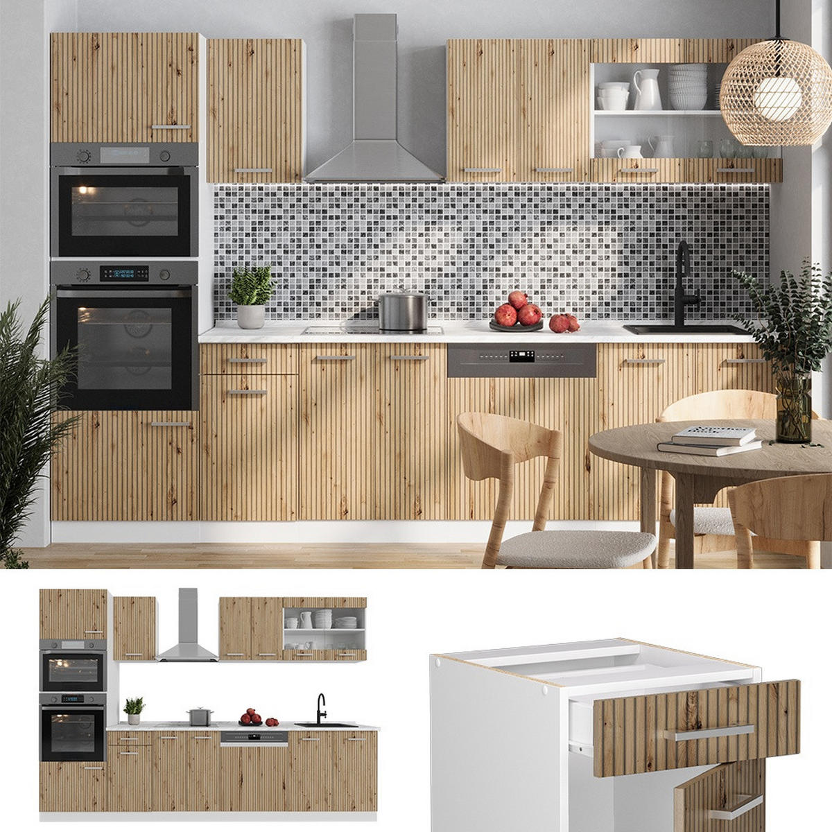 KÜCHENZEILE R-Line Artisan-Eiche 300 cm mit Hochschrank, AP Eiche - Eiche Artisan/Weiß, Holzwerkstoff (300/206.8/60cm) - Vicco