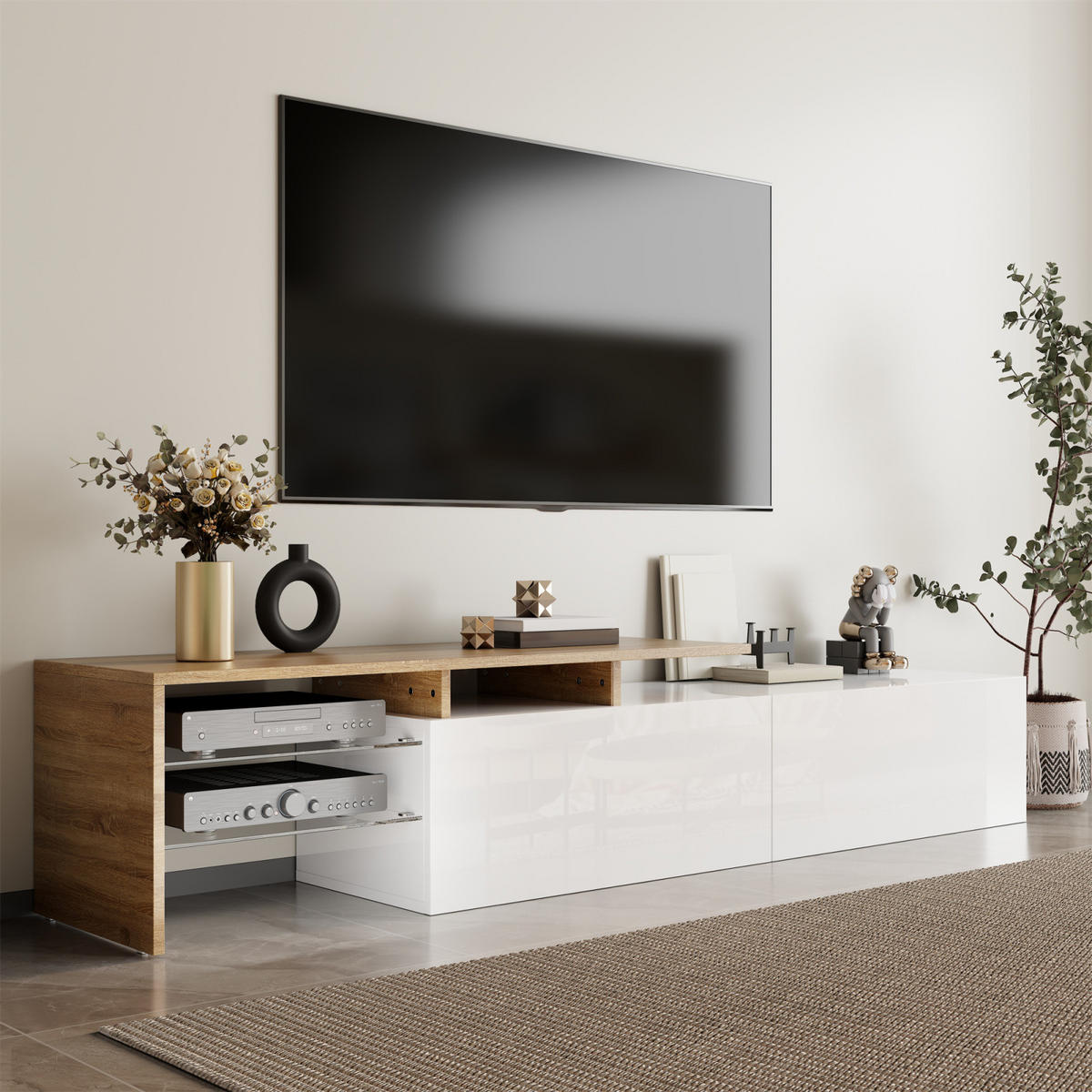 TV Lowboard LED, Holzoptik, Glasregale, Weiß - Weiß, Holz (170/33.5/33cm)