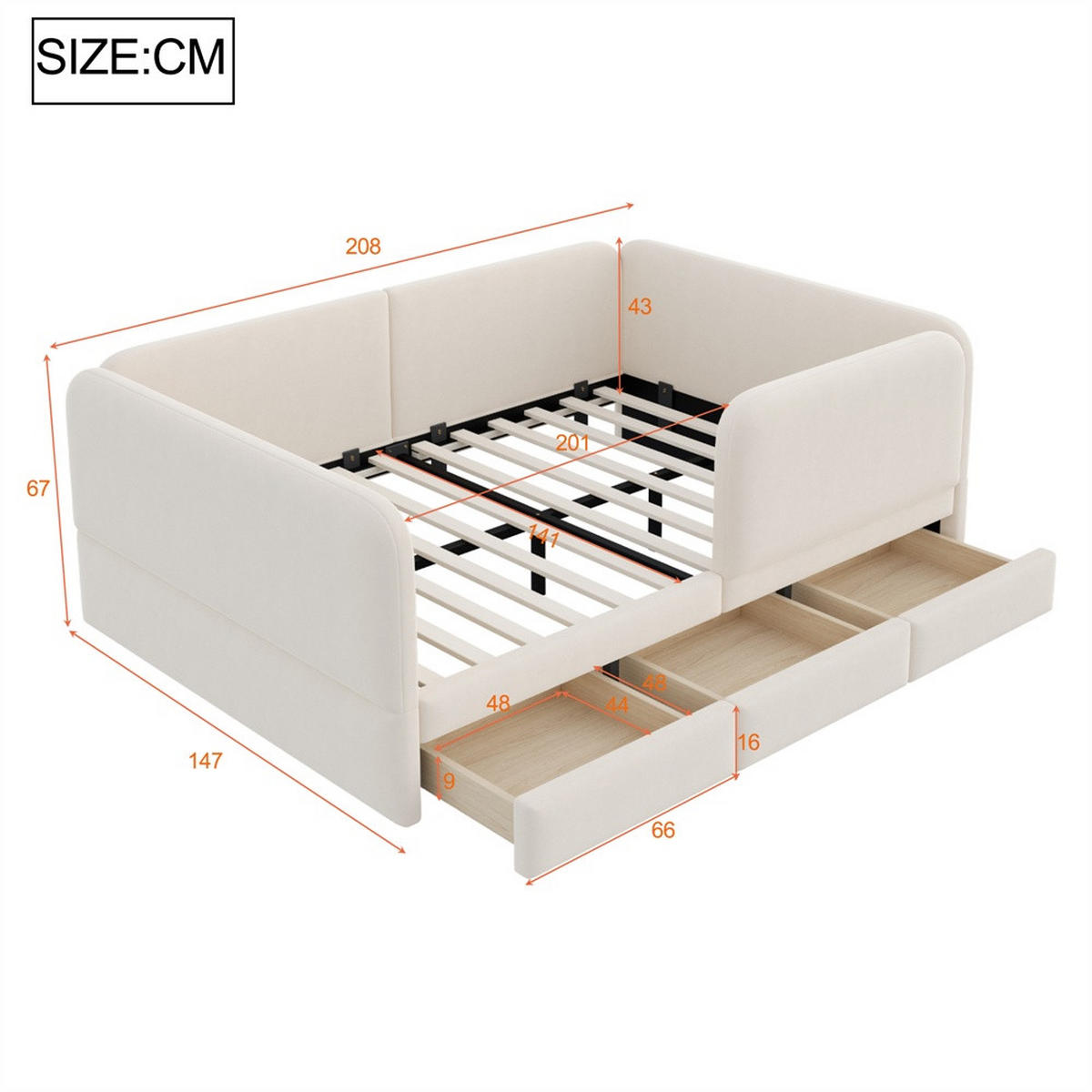 POLSTERBETT 140x200 cm mit Rundum-Sicherheitsumrandung & 3 Schubladen - Beige - Samt - ohne Matratze - Beige, Textil (140/200cm) - DELFA
