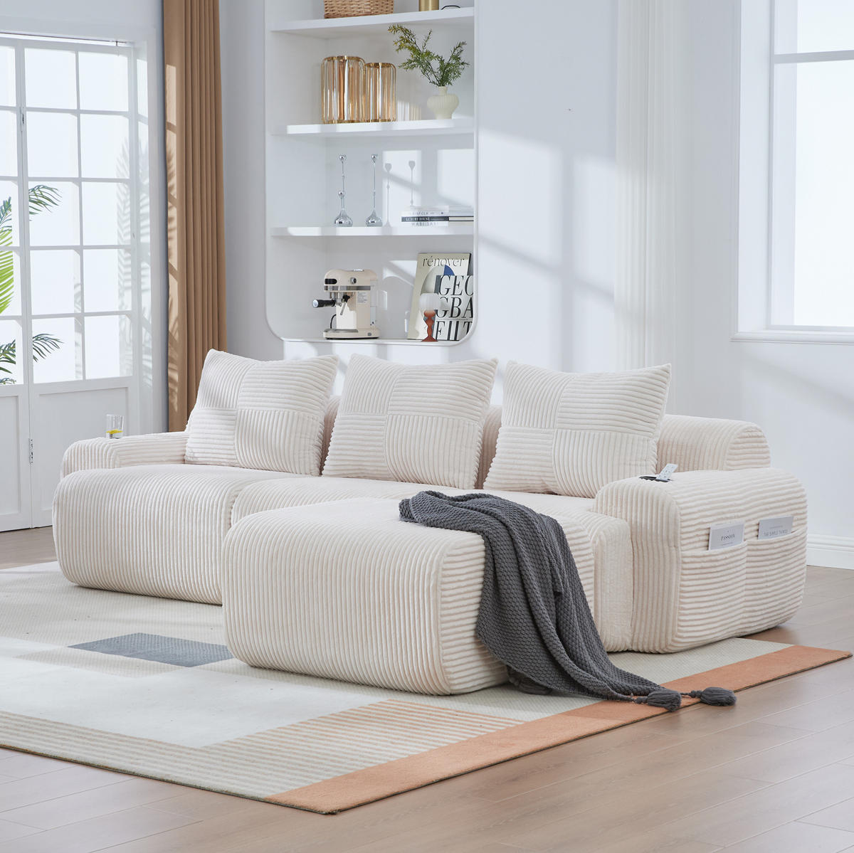 MODULARES 3-Sitzer Sofa Cordstoff mit Getränkehalter und Seitentasche 268/174/80 cm Beige - Beige, Textil (174/268cm) - Redom