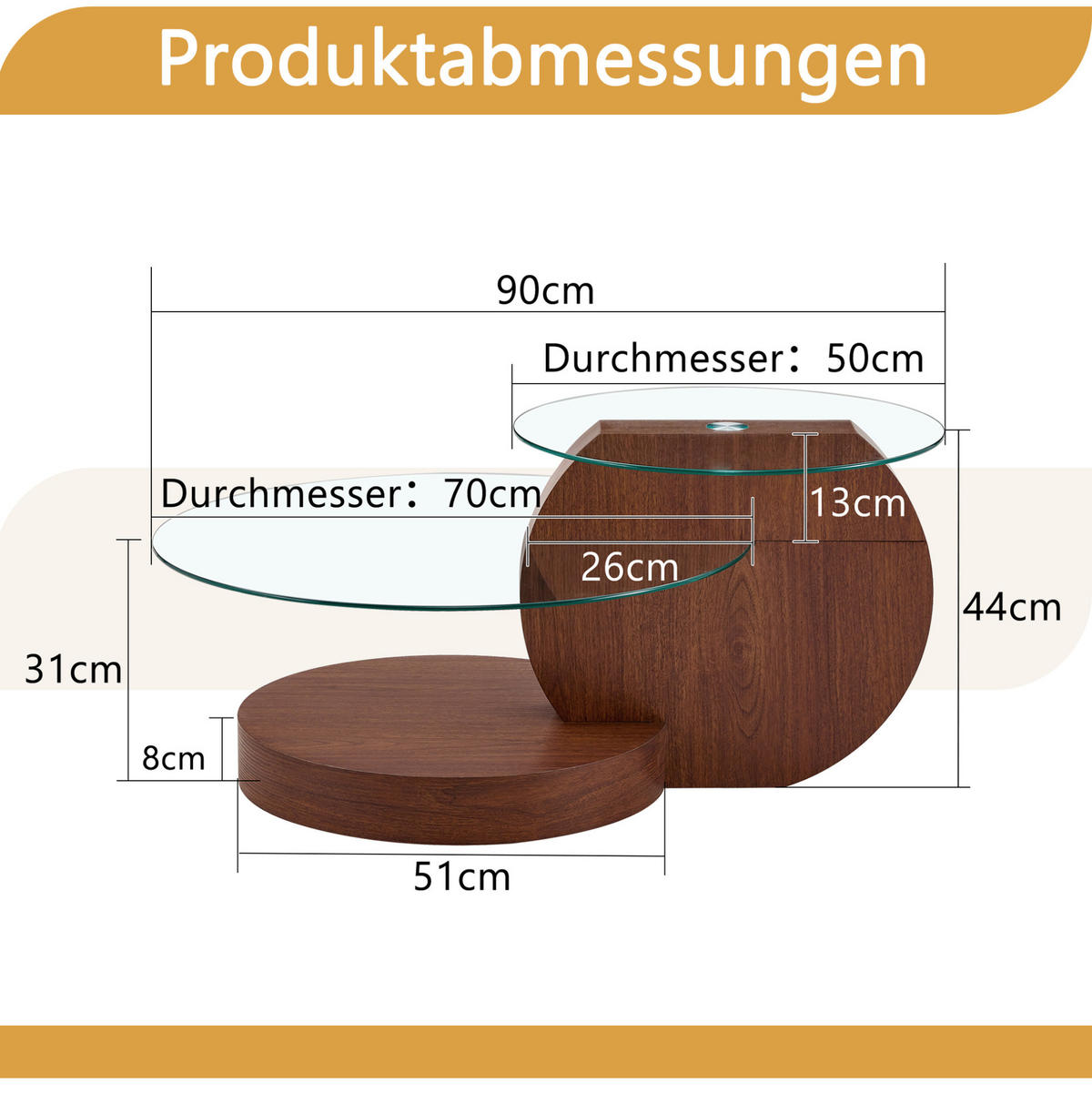 KLUBSKA miza, steklo/MDF, prozorna/orehova barva, 50/70 cm, večnivojska - barva oreha, leseni material (70/70/44cm) - BEAOK