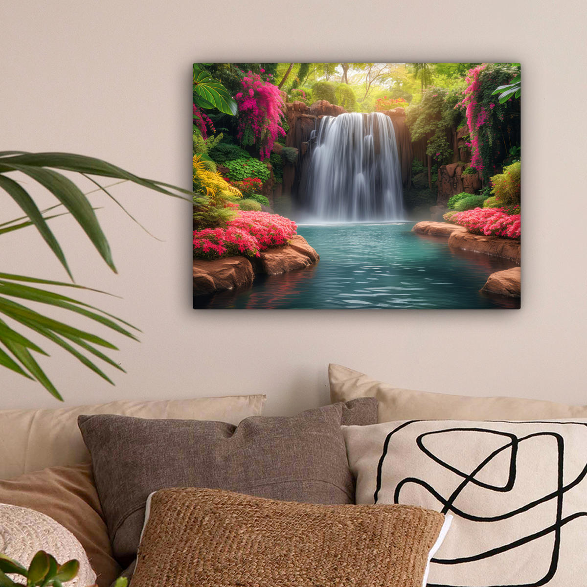 LEINWANDBILD Wasserfall - Natur - Pflanzen - Dschungel - Wasser Wandbild 40x30 cm - Grün, Textil (40/30cm) - MuchoWow