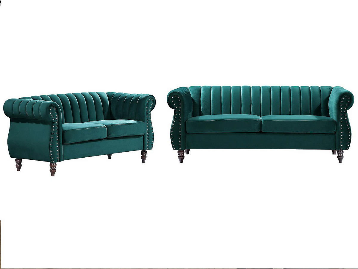 CHESTERFIELD-SOFAGARNITUR - 3-Sitzer & 2-Sitzer - Samt - Smaragdgrün - TRUMBO - Grün, Textil (195/77/78cm) - Vente-Unique