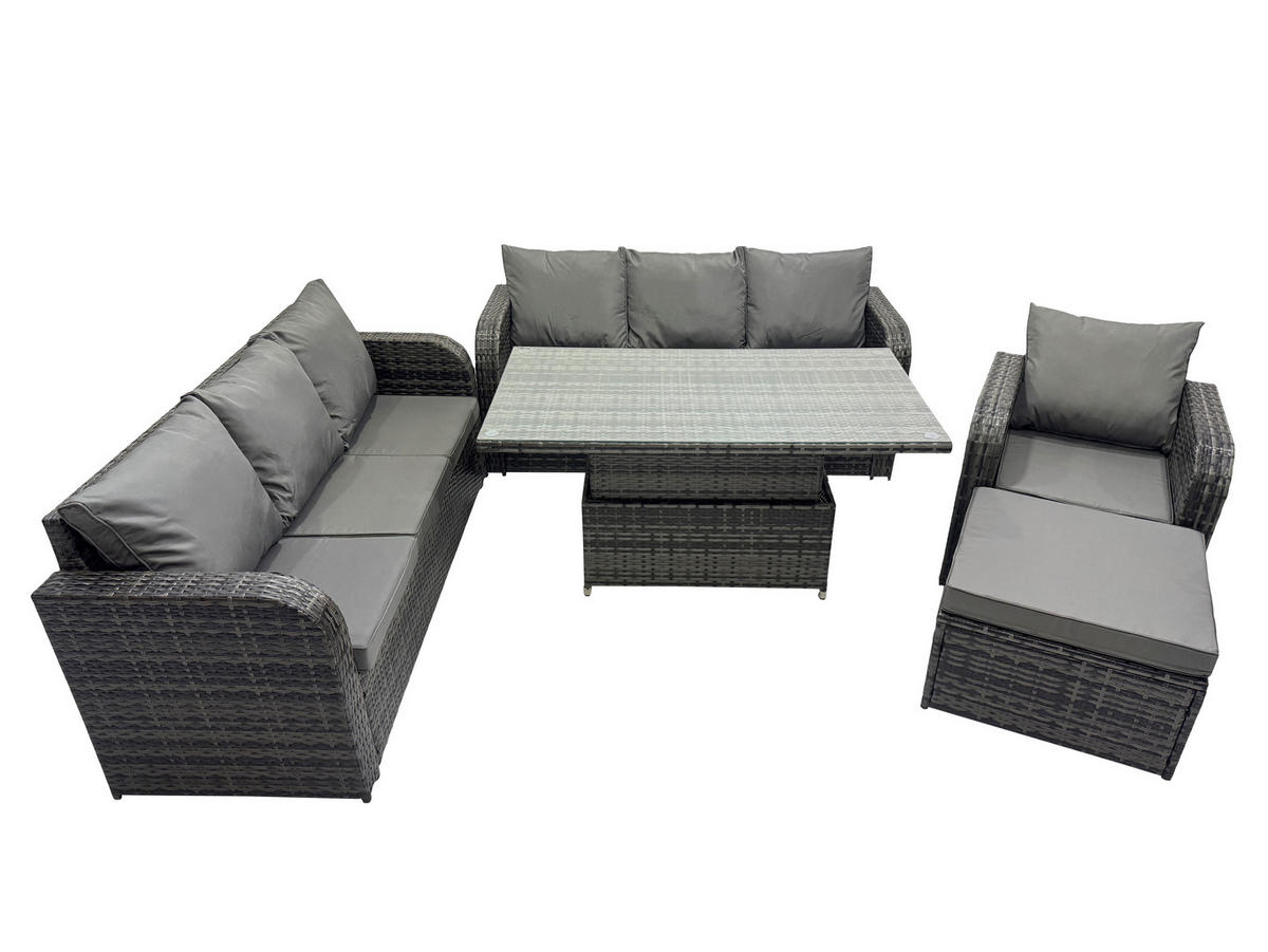 GARTENMÖBELSET mit Höhenverstellbarer Esstisch Polyrattan 8-Sitzer Grau - Dunkelgrau/Grau, Glas/Kunststoff - Fimous