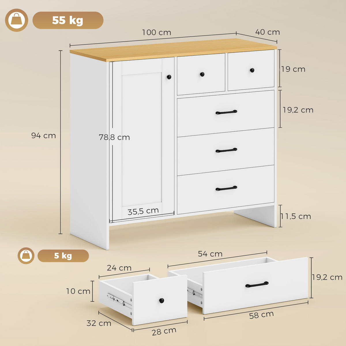 SIDEBOARD Weiß/Eichefarben 100/40/94 cm - Weiß, Holzwerkstoff (100/94/40cm) - PANGIVO