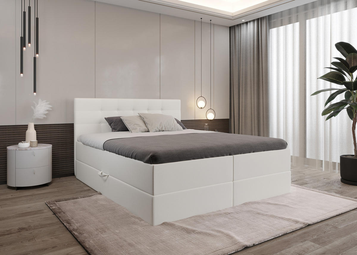 BOXBETT Malaga Weiß Kunstleder 140x200 cm Bettkasten + Topper - Weiß, Holz/Textil (140/200cm) - Comfortic