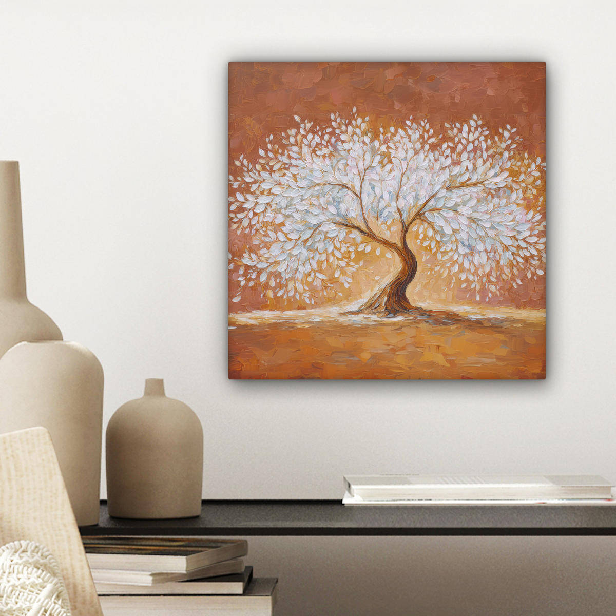 LEINWANDBILD Abstrakt - Baum - Weiß - Blätter Deko Wohnzimmer 20x20 cm - Braun, Textil (20/20cm) - MuchoWow