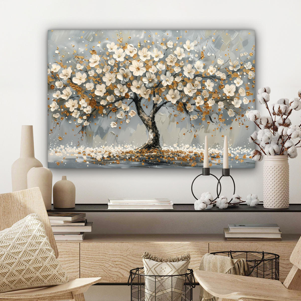 LEINWANDBILD Baum - Blumen - Weiß - Natur - Kunst Wanddeko 90x60 cm - Weiß, Textil (90/60cm) - MuchoWow