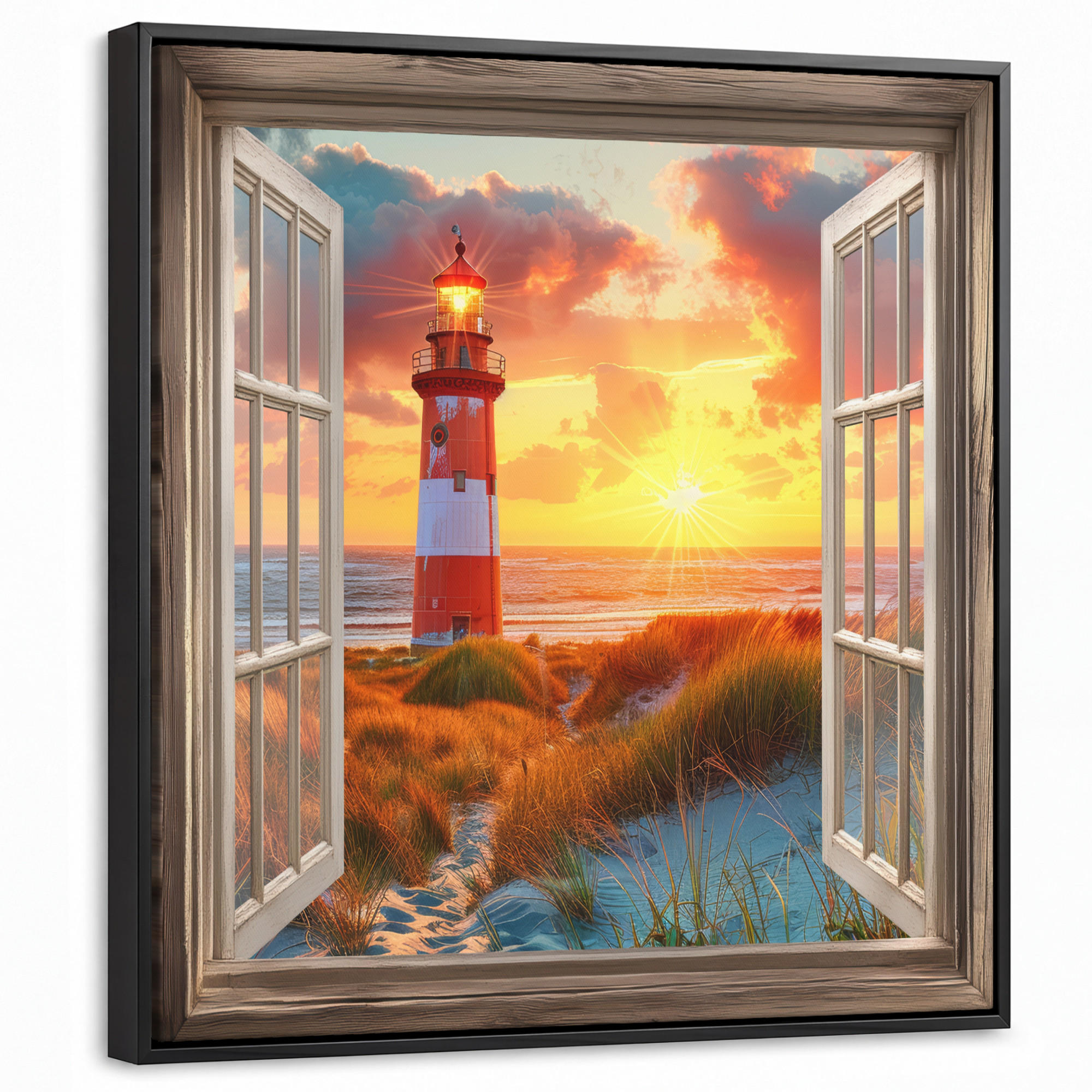 LEINWAND Bilder mit Rahmen - Aussicht - Fenster - Leuchtturm - Sonnenuntergang - Strand - 50x50 - Dunkelorange, Textil (50/50cm) - MuchoWow