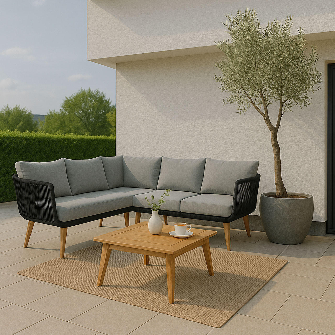 GARTEN-GARNITUR Schwarz, Braun, Hellgrau - Hellgrau/Schwarz, Holz - MCW