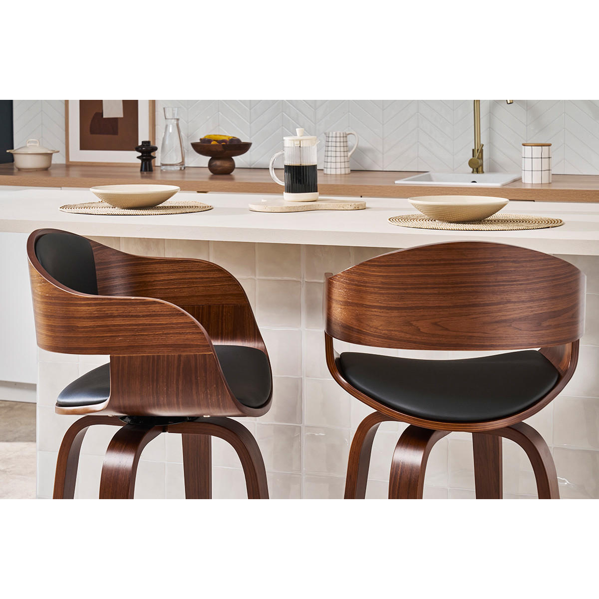 BARHOCKER Drehbar Schwarz Dunkles Holz H67 cm GAO - Walnussfarben, Textil (55/96/55cm) - Miliboo