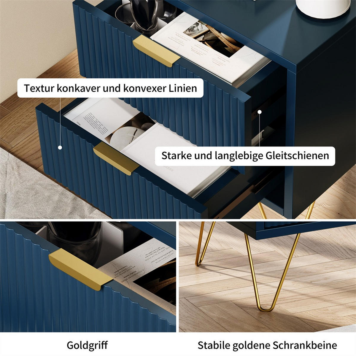 NACHTTISCH mit 2 Schubladen - Rillenstruktur & Goldene Beine - Goldene Griffe - Dunkelblau - Dunkelblau, Holzwerkstoff (40/50/35.5cm) - DELFA