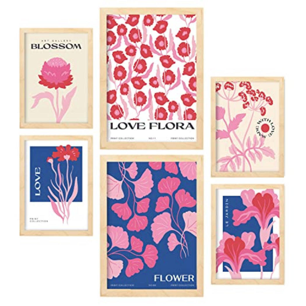 POSTER Set Mit 6 Blumen Blumenliebe Natur Und Botanikdrucke Für Innenarchitektur A3 & A4 Rahmen Aus Hellem Holz - Beige, Papier (29/3cm) - Nacnic