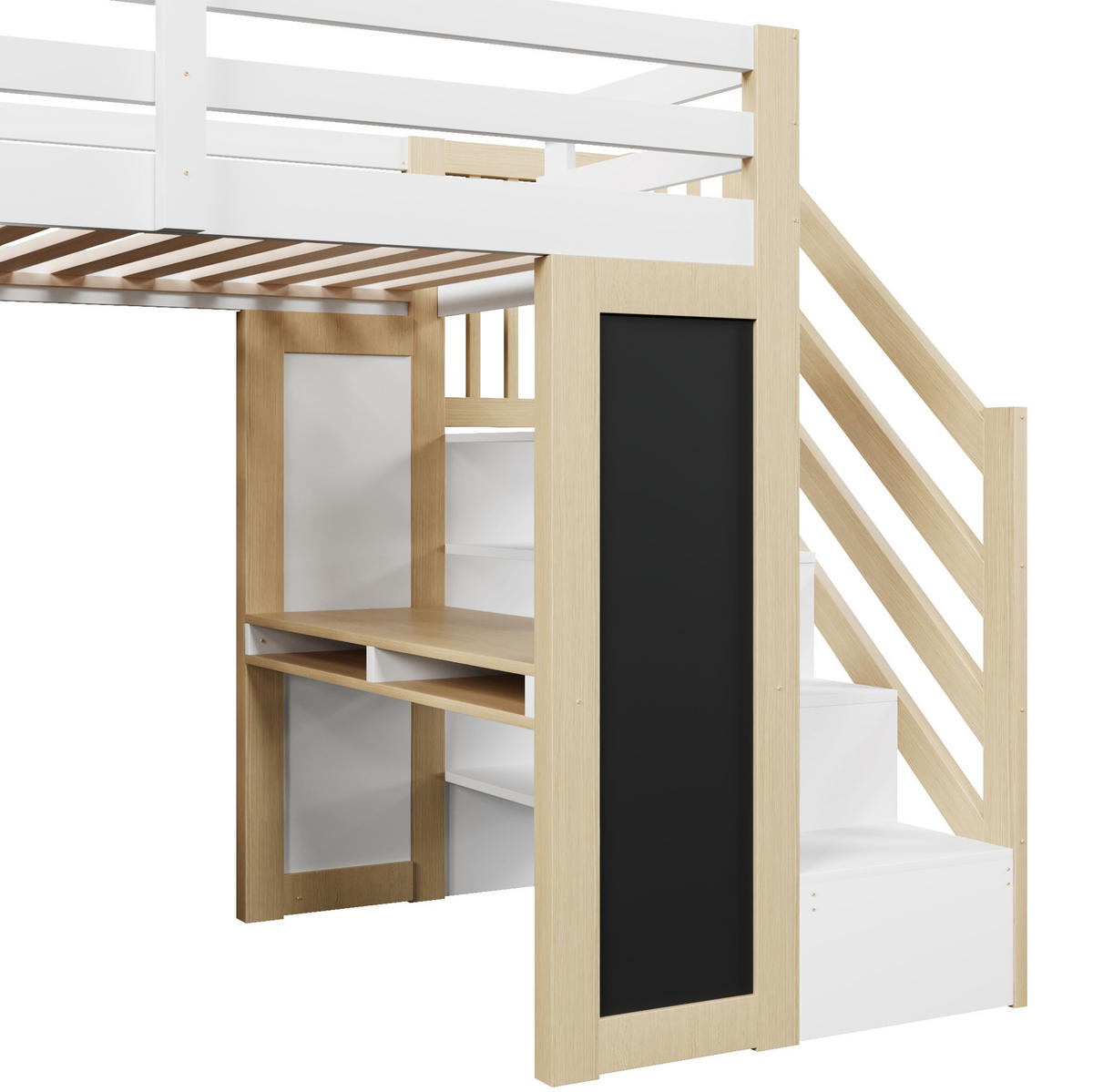HOCHBETT aus Kiefer, MDF und Sperrholz 90x200 cm Weiß/Natur mit Schreibtisch, Regal, Kleiderschrank und LED - Weiß, Holzwerkstoff (90/200cm) - Modfu