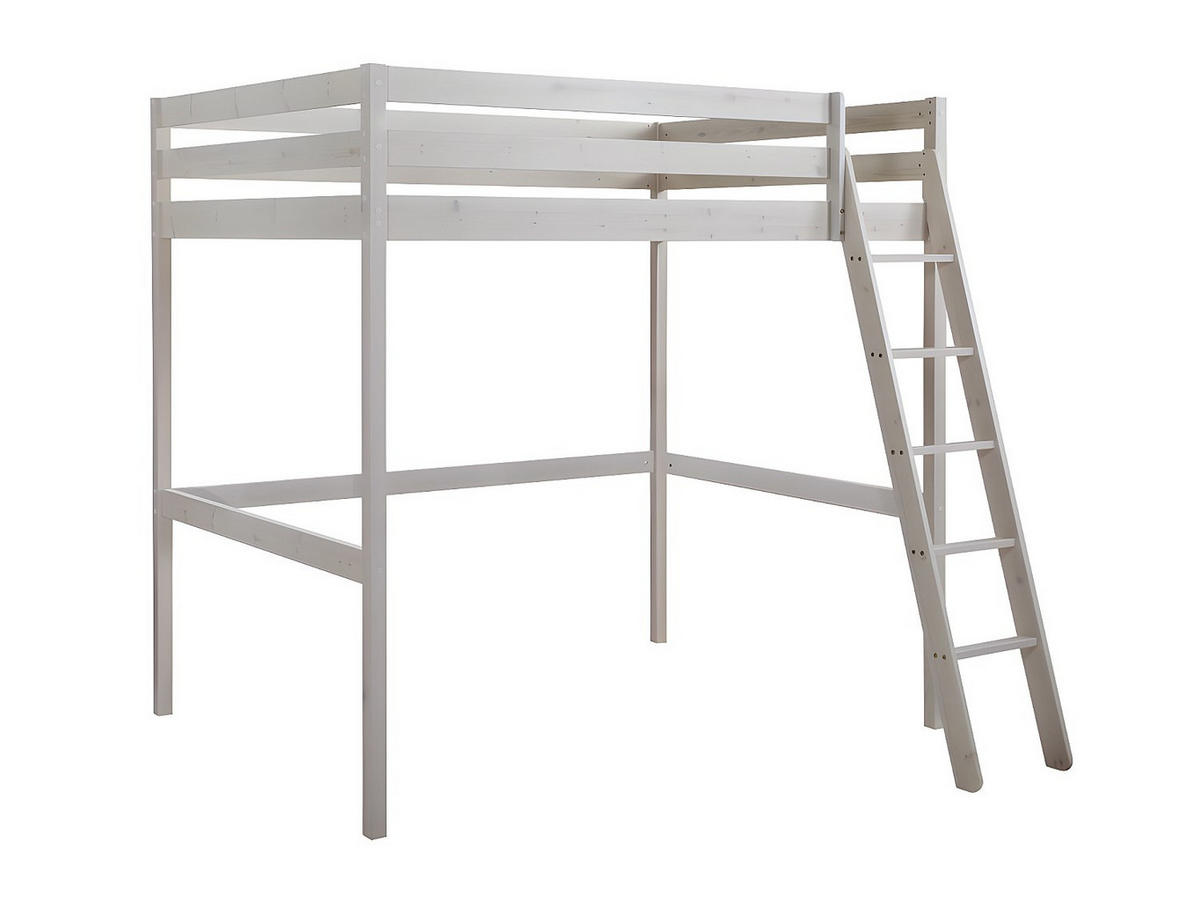 HOCHBETT + Matratze - 140 x 190 cm - Kiefer massiv - Geweißt - GEDEON II - Weiß, Holz (203.5/198cm) - Vente-Unique