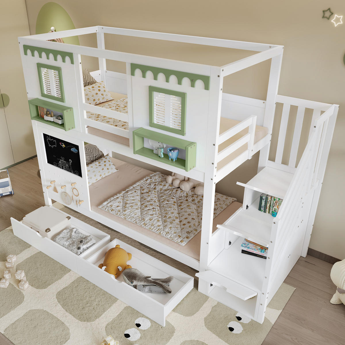 ETAGENBETT Mit kleinem Lochbrett-Bereich Weiß+Grün - Weiß, Holz (90/200cm) - ComfortXL