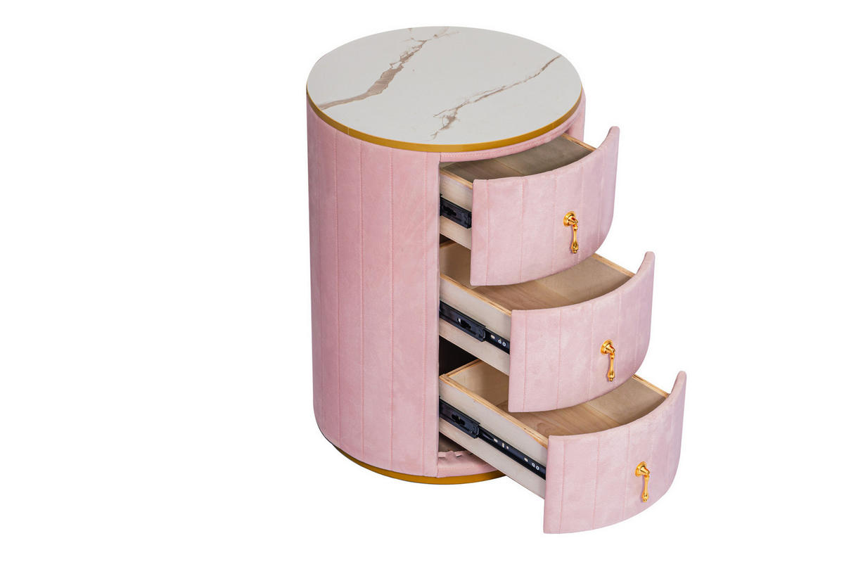 NACHTTISCH aus MDF 40x40x52,5 cm Rosé mit 3 Schubladen, Samtbezug und Marmoroptik - Rosa, Holzwerkstoff (40/52.5/40cm) - Modfu