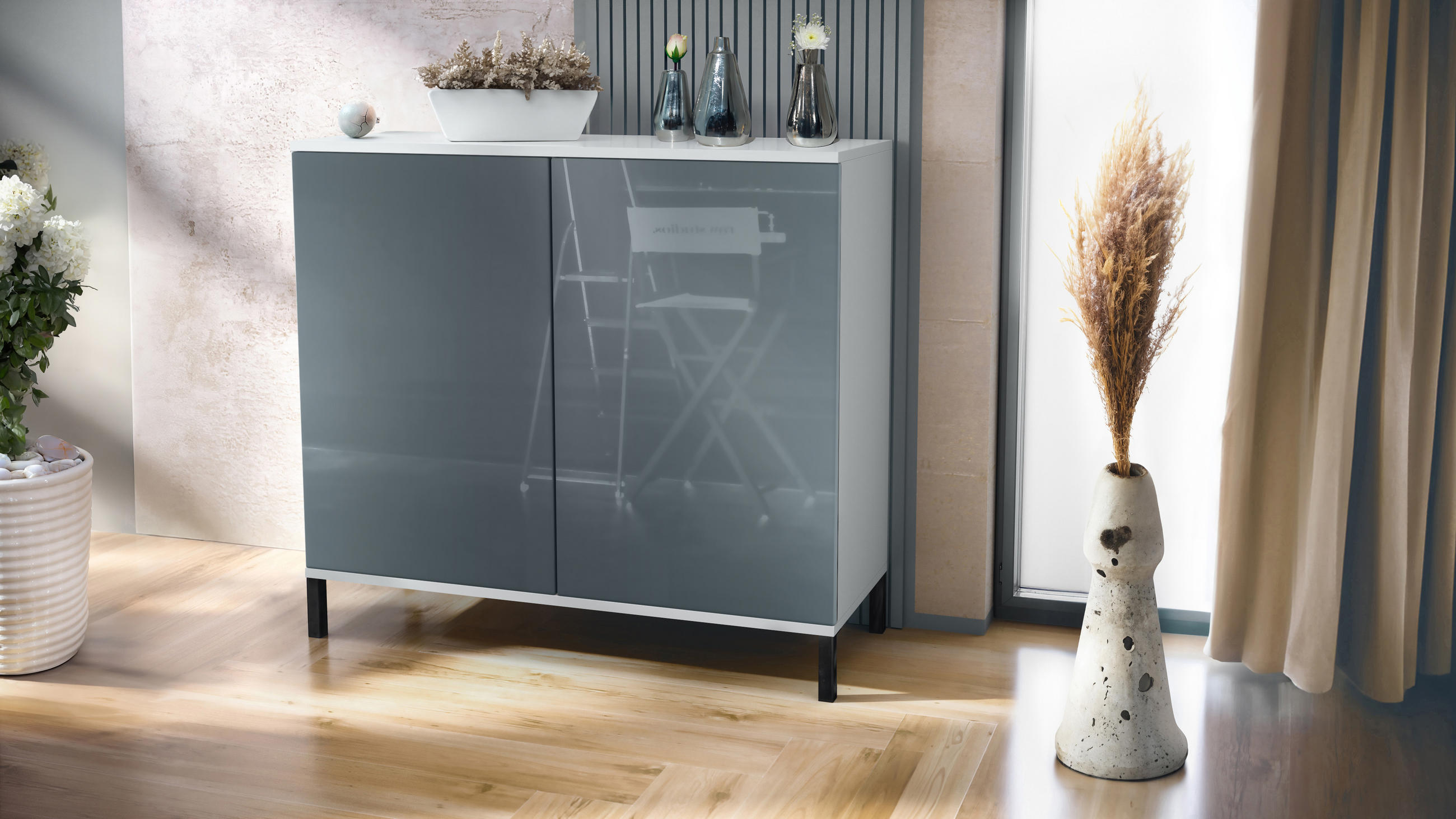 KOMMODE Skadu Grau Hochglanz - Grau, Holzwerkstoff (92.5/83.5/35cm) - Vladon