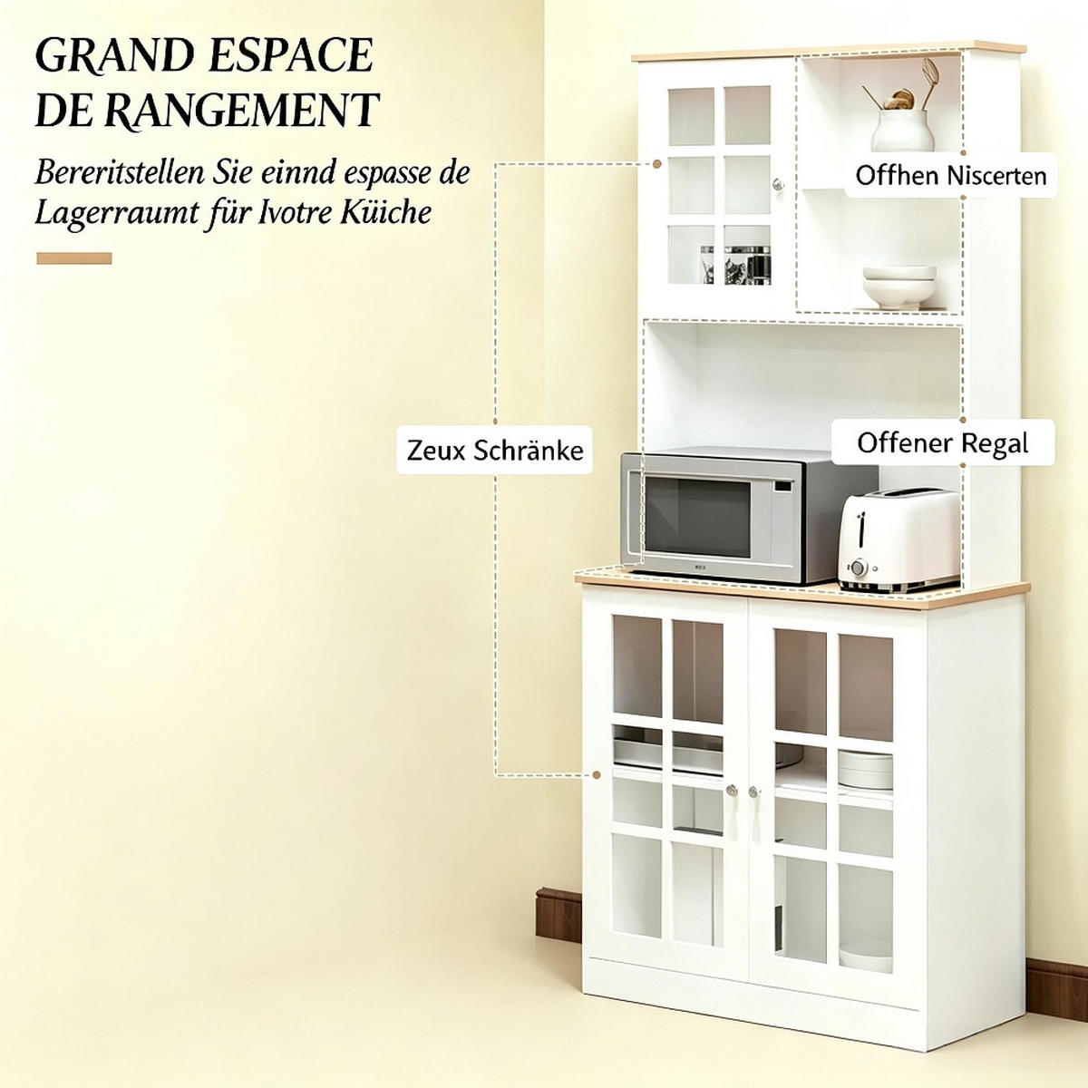 KÜCHENSCHRANK, Aufbewahrungsschrank mit Glastüren, MDF, Weiß-Eiche, Kaffeebar, 80/183/37 cm - Weiß, Kunststoff (37/183/80cm) - Rolipo
