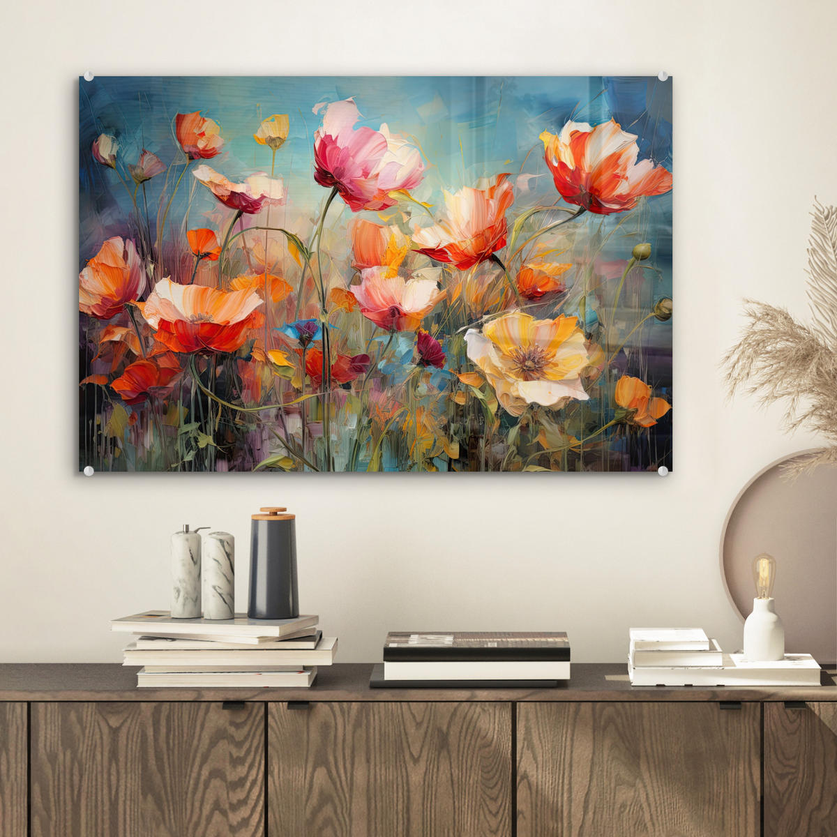 ACRYLGLASBILD Blumen - Aquarell - Kunst - Botanisch - Natur 60x40 cm - Orange, Glas (60/40cm) - MuchoWow