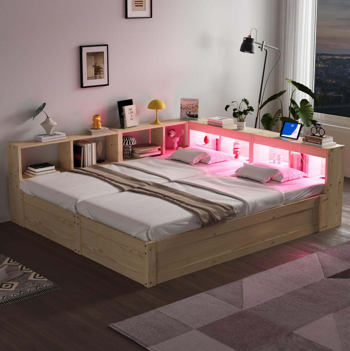 BETT 90/180/200 cm aus MDF mit LED, Naturholz - Naturfarben, Holzwerkstoff (90/200cm) - OKMYHOME