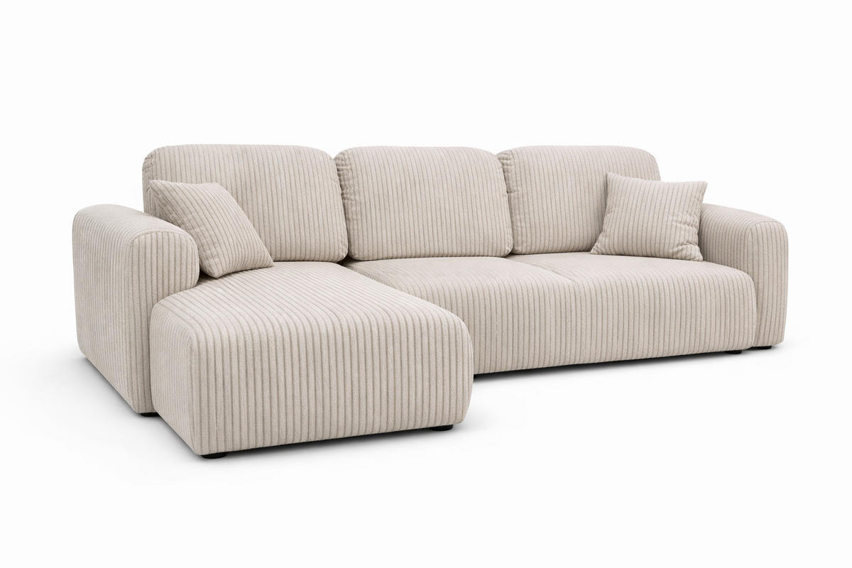 ECKSOFA Mit Schlaffunktion Und Bettkasten, Sofa L-Form Bingo L, Cordstoff Poso, Beige, Links - Beige, Holz (250/142cm) - Kaiser Möbel