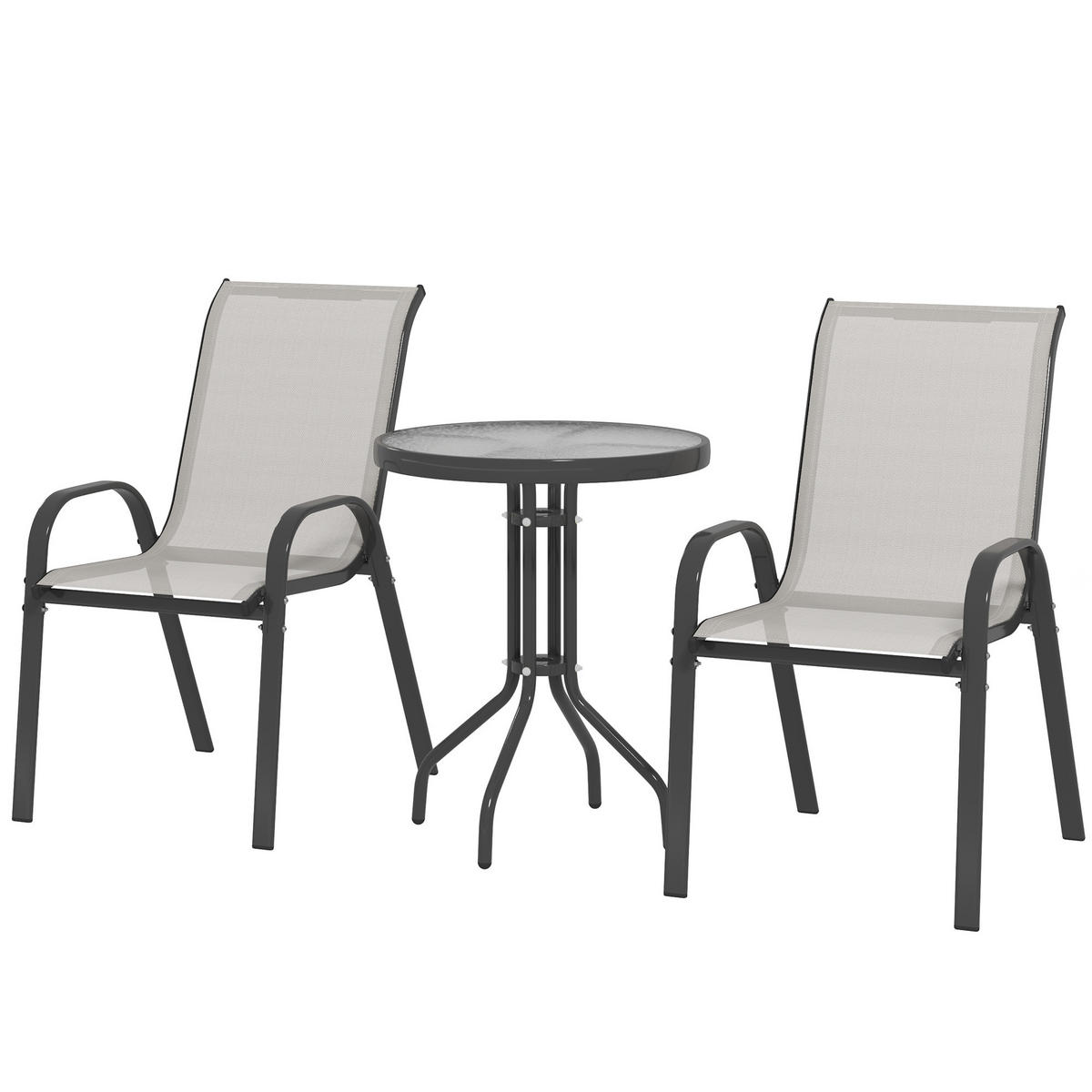 BALKONSET 3-teilig DE-14227 stapelbar, Glastisch Hellgrau - Hellgrau, Metall - ComfortXL