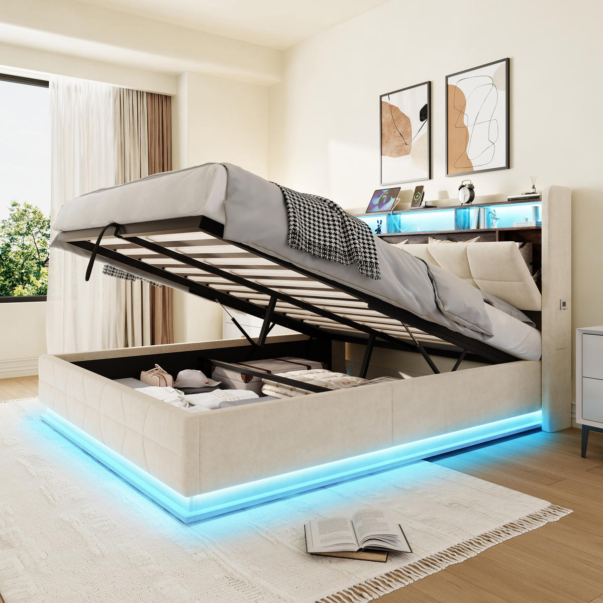 POLSTERBETT 160/200 cm in Beige Samt mit LED, USB, Type-C und Regal - Beige, Holzwerkstoff/Textil (160/200cm) - STILVORA