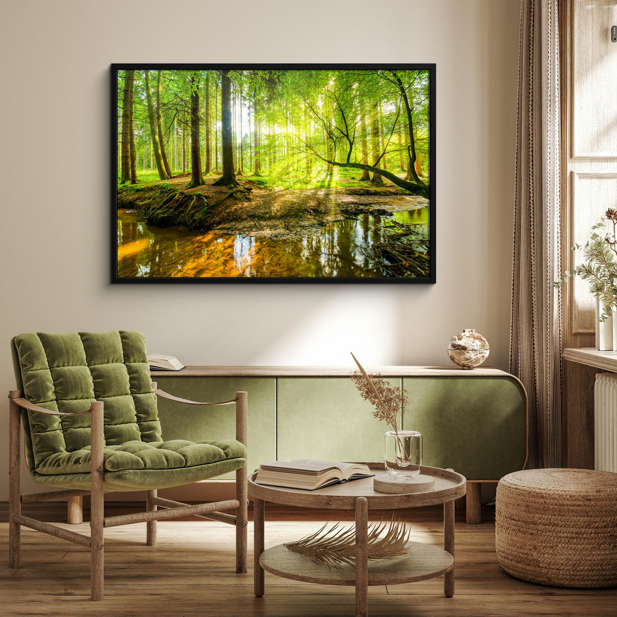 POSTER MIT RAHMENGERAHMTES BILD Wald - Landschaft - Wasser - Bäume - Sonne - Grün - Natur 120x80 cm - Grün, Papier (120/80cm) - MuchoWow