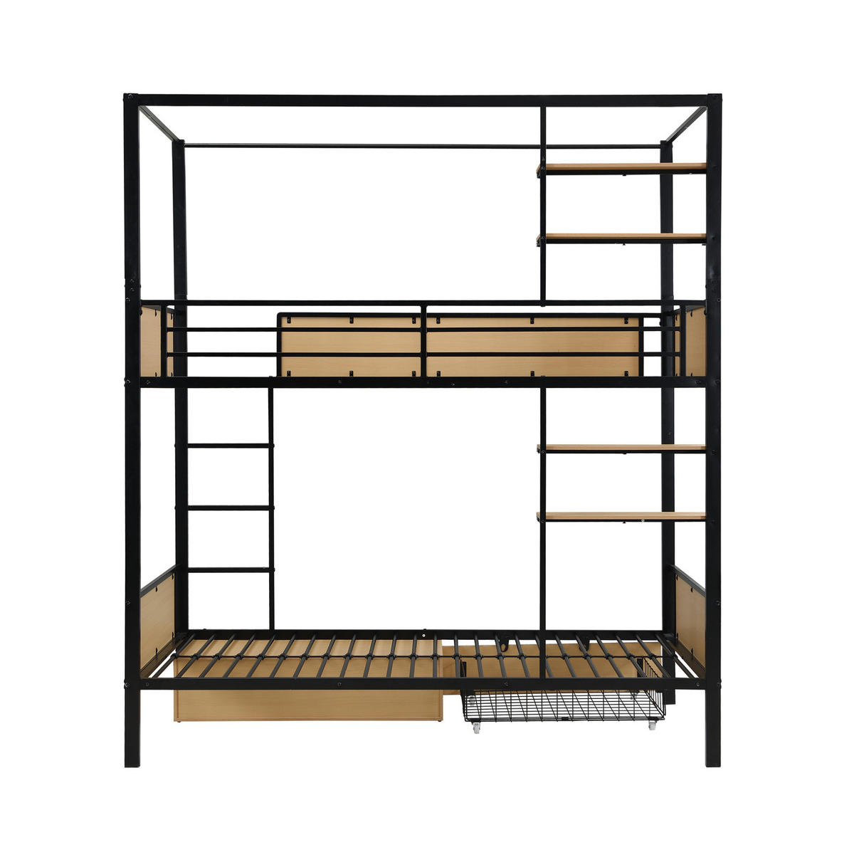 ETAGENBETT 90/200 cm Schwarz Natur mit Ablageboard und Schubladen ohne Matratze - Schwarz, Metall (90/200cm) - MIVRAY