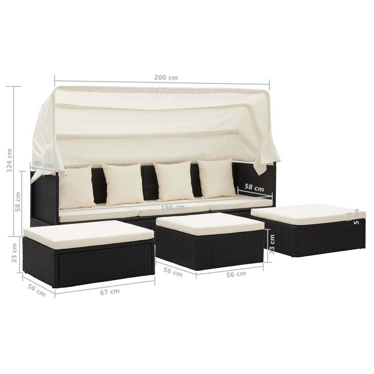 GARTEN-SONNENINSEL Mit Dach Schwarz Poly Rattan - Creme, Kunststoff (60/124/200cm) - vidaXL