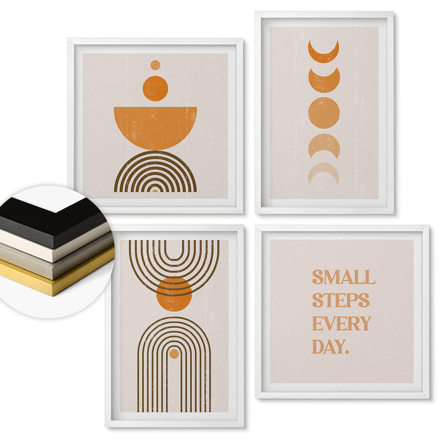 WANDBILDER 4er-Set - 50x50 cm & 40x60 cm Weißer Rahmen - Minimalistische Boho-Muster - Weiß, Kunststoff (50/50cm) - ArtPrintCave