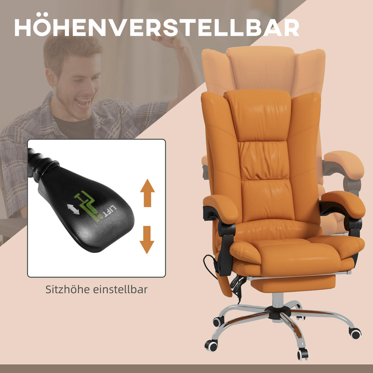 BÜROSTUHL mit Massagefunktion Ergonomischer Chefsessel mit Heizfunktion - Braun, Kunststoff (70/118/64cm) - Vinsetto