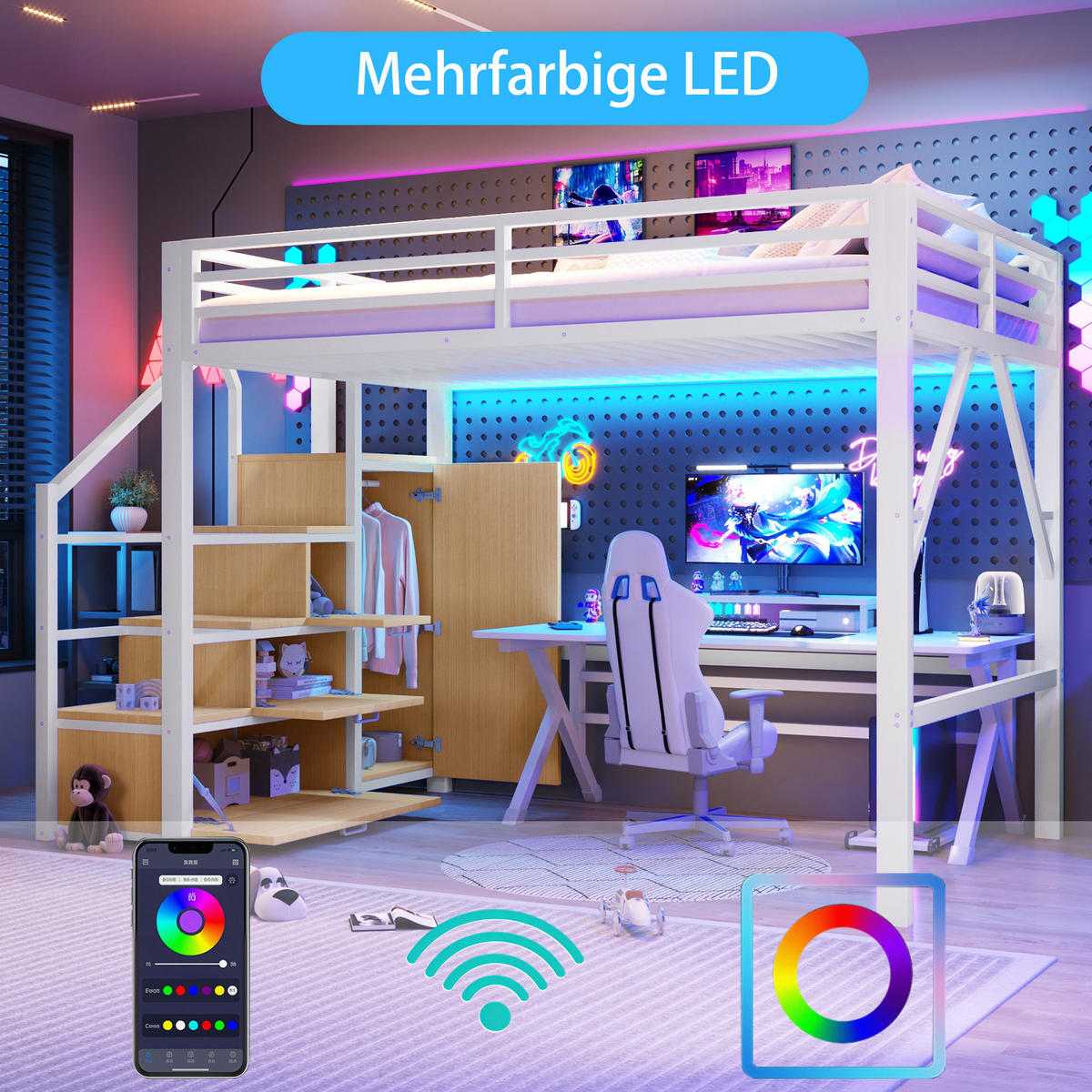 HOCHBETT 140/200 cm in Weiß mit Kleiderschrank, Stauschränken und LED - Weiß, Holzwerkstoff/Metall (140/200cm) - STILVORA