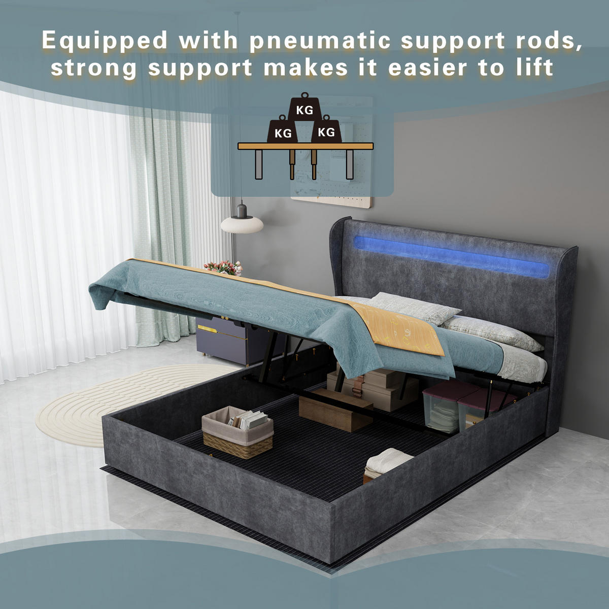 STAURAUMBETT 140/200 cm DE-32986 mit LED-Kopfteil und Matratze Grau - Grau, Metall (140/200cm) - ComfortXL